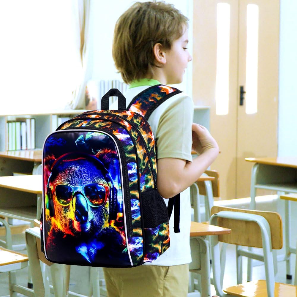 3PCS Boys Koala Bookbag, Water Resistant Kids Backpack with Lunch Box, 17" School Bag Set for Teenagers Middle Elementary - Sunglasses Koala