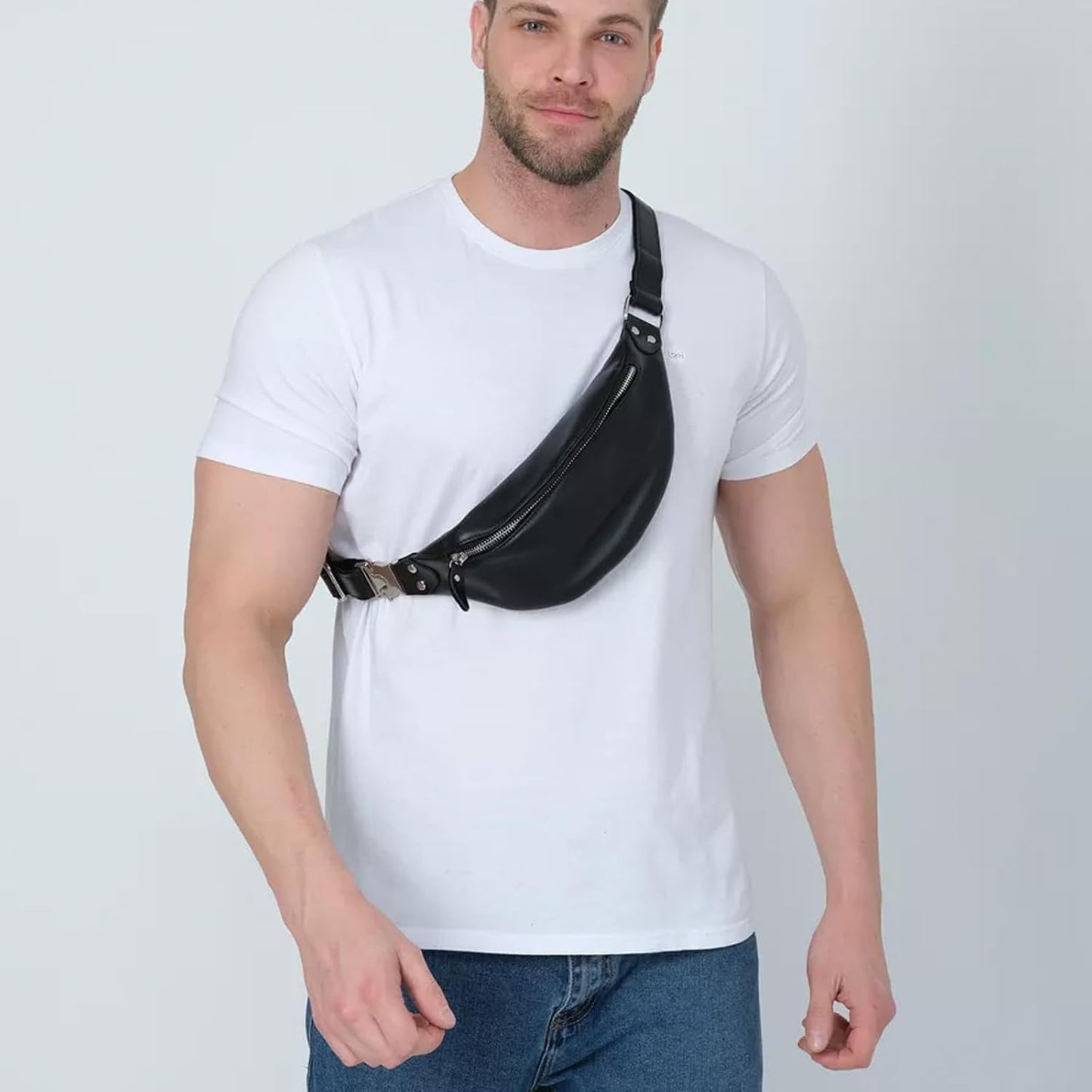Vintage Genuine Leather Fanny Pack Small Waist Bag Travel Sling Pouch with Adjustable Leather Belt Black
