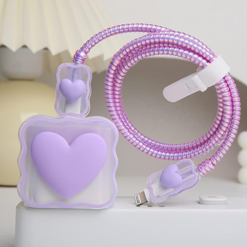 Compatible with iPhone 18W/20W USB-C Charger Cover Lovely 3D Love Heart Waves Clear Soft Charger Protector Cute Cable Saver for iPhone 11 12 13 14 Pro Max Fast Power Adapter, Purple 1 (5in1)