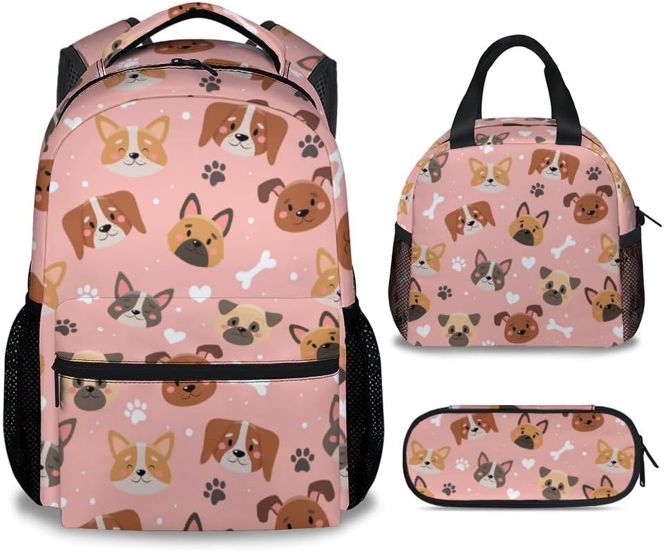 Dog Backpack with Lunch Box, Set of 3 School Backpacks Matching Combo, Cute Pink Bookbag and Pencil Case Bundle