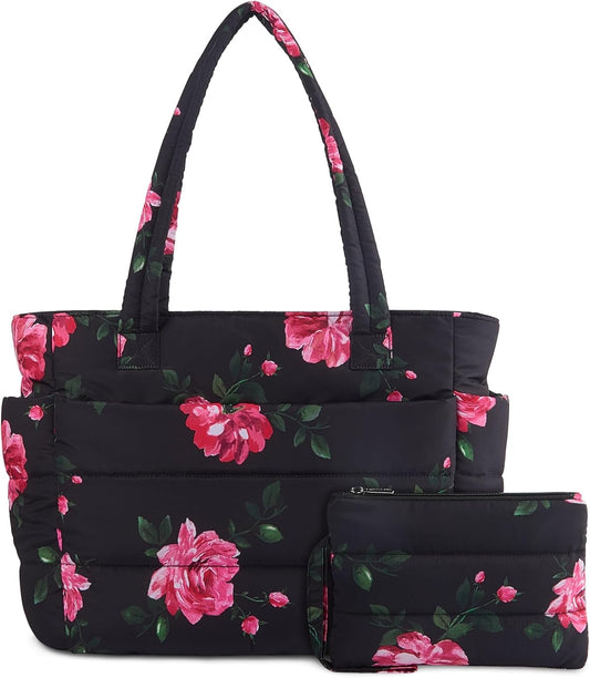TOPDesign Puffer Tote Bag for Women, Lightweight Puffy Handbag with Compartments, Quilted Shoulder Bag for Work, Travel, Gym