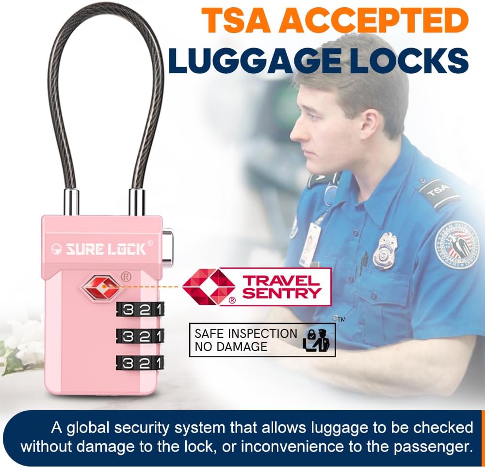 SURE LOCK TSA Approved 3-Digit Combination Luggage Locks – Open Alert Indicator, Re-settable Code with Zinc Alloy Body, Easy-Read Dials for Suitcase, Backpack, Gym Locker & Toolbox (Multiple Colors)