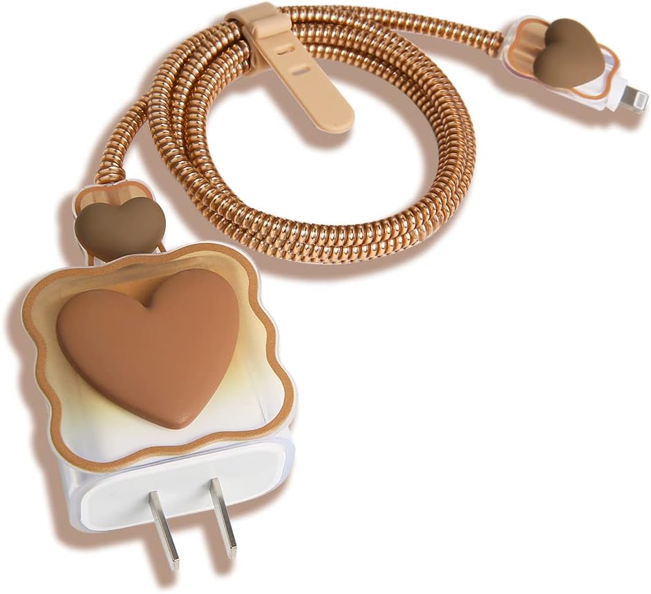 Compatible with iPhone 18W/20W USB-C Charger Cover Lovely 3D Love Heart Waves Clear Soft Charger Protector Cute Cable Saver for iPhone 11 12 13 14 Pro Max Fast Power Adapter, Brown 1 (5in1)