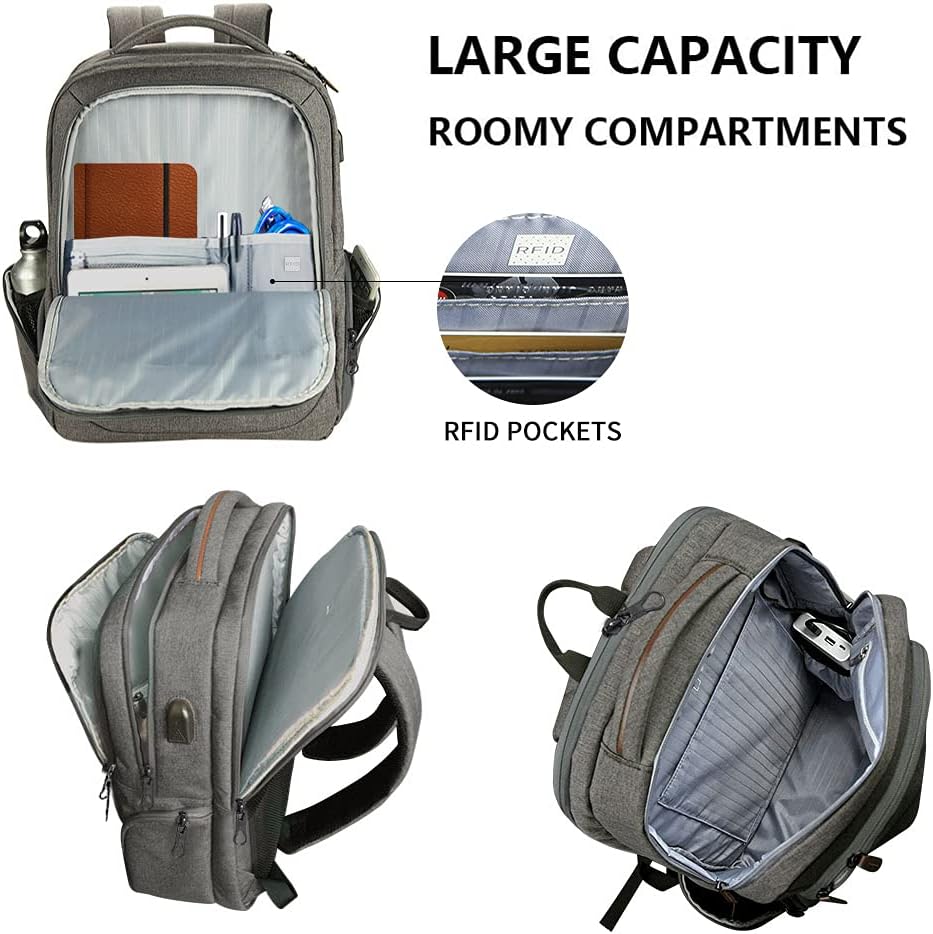 KROSER Laptop Backpack Large Computer Backpack Fits up to 17.3 Inch Laptop with USB Charging Port Water-Repellent Casual Daypack for Travel/Business/College/Women/Men-Grey