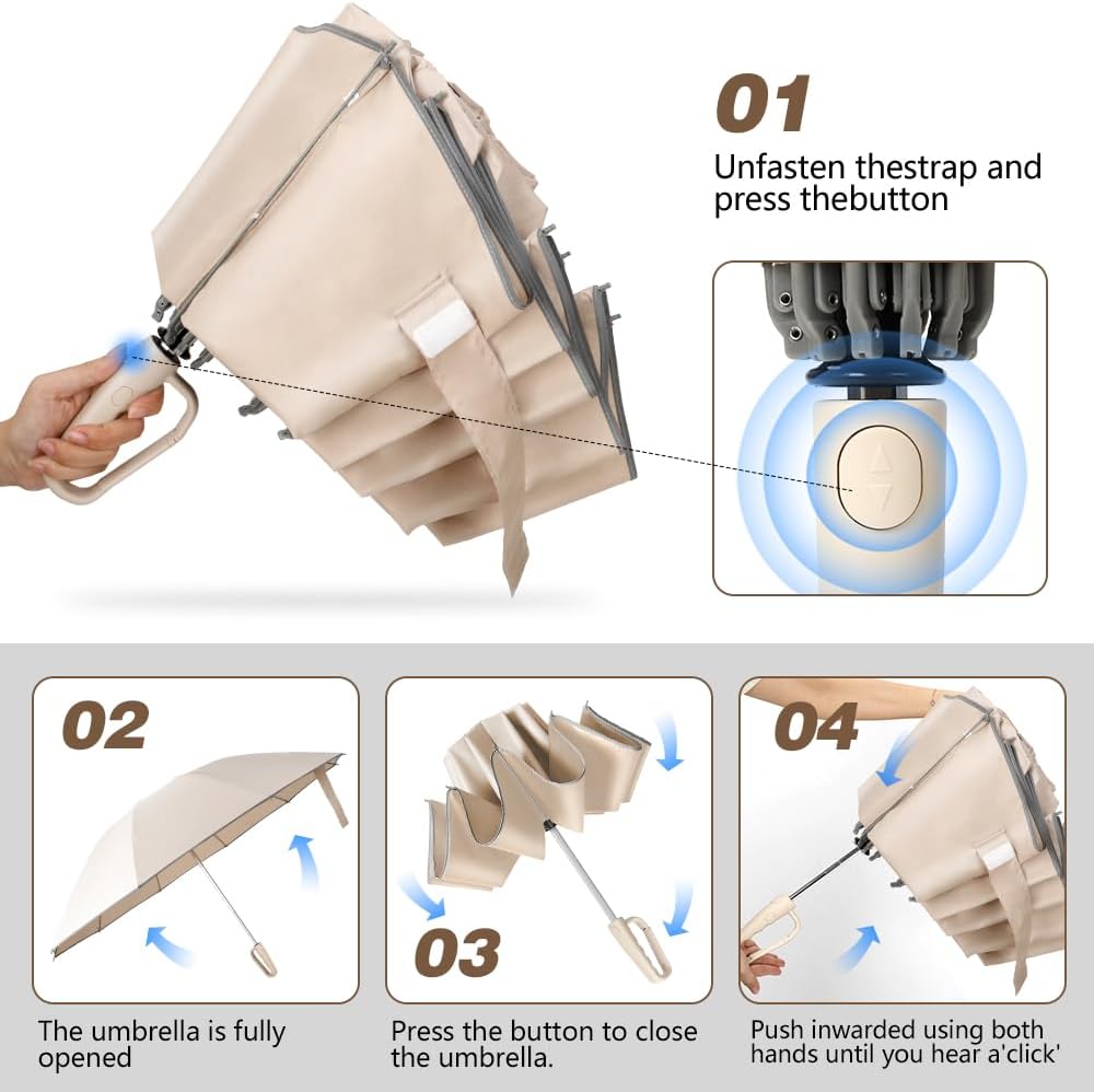 TOPSAIL 10 Ribs Inverted Umbrella with Carabiner Handle, Large Strong Windproof Umbrellas for Rain