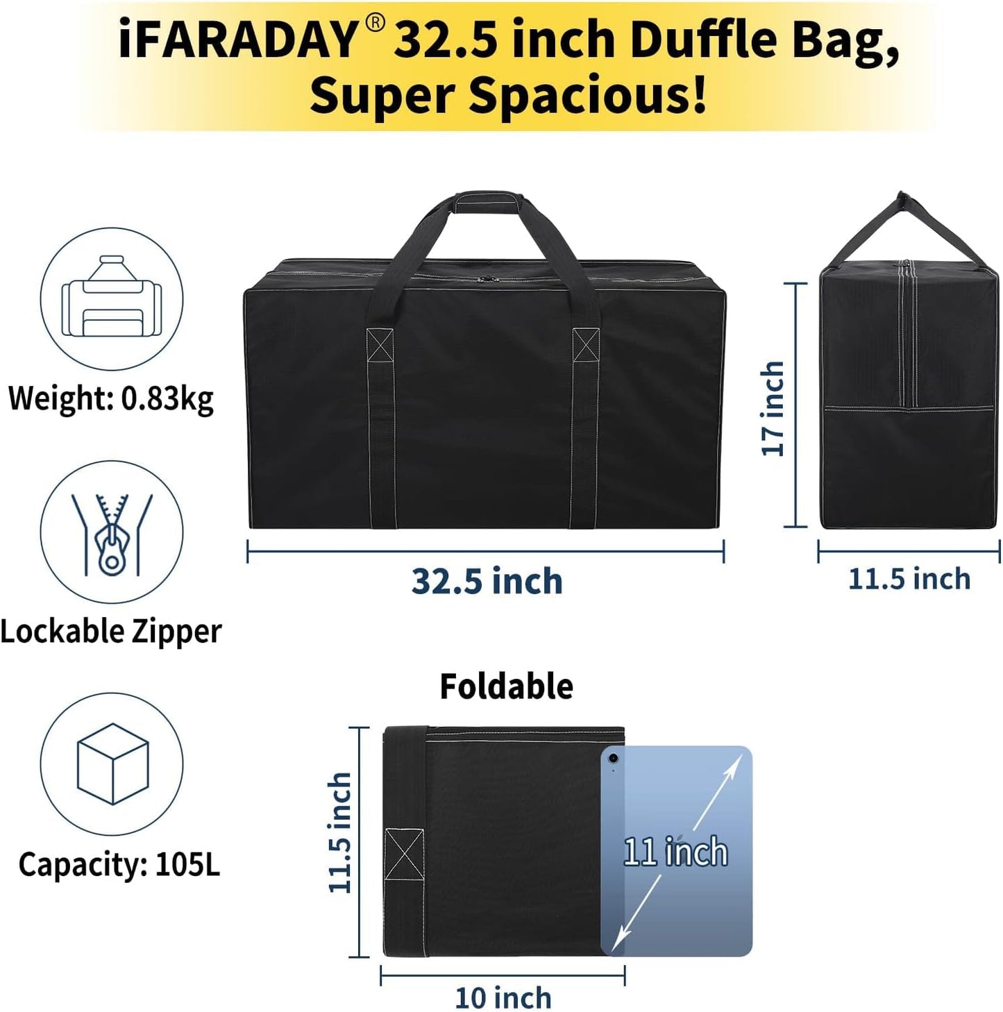 105L Extra Large Duffle Bag - 32.5 inch Heavy Duty & Water Resistant Duffel Bag Durable Luggage Storage Bag for Camping, Travel, Sports (Black)