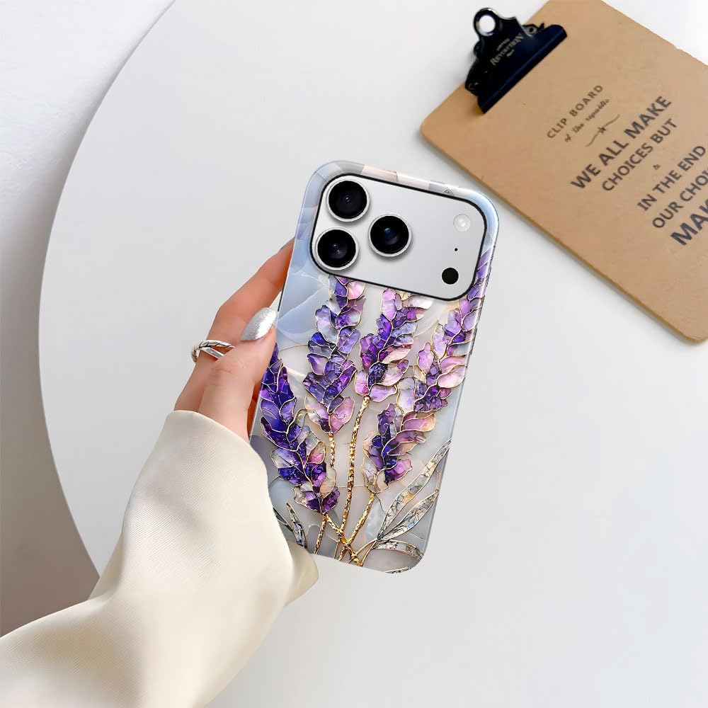 Case for iPhone 17 Pro - Slim Fit Anti-Scratch Phone Case for Girl Women - Lavender Stained Glass Purple Floral (Glossy)