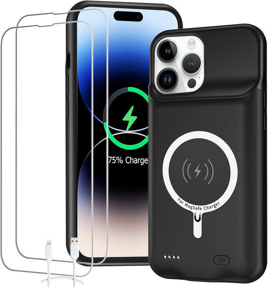 Battery Case for iPhone 14 Pro, Full Encircle 10000mAh High Capacity Rechargeable Portable Charger Case Extended Battery Pack for iPhone 14 Pro (6.1 inch) Wireless Charging Case with Carplay-Black