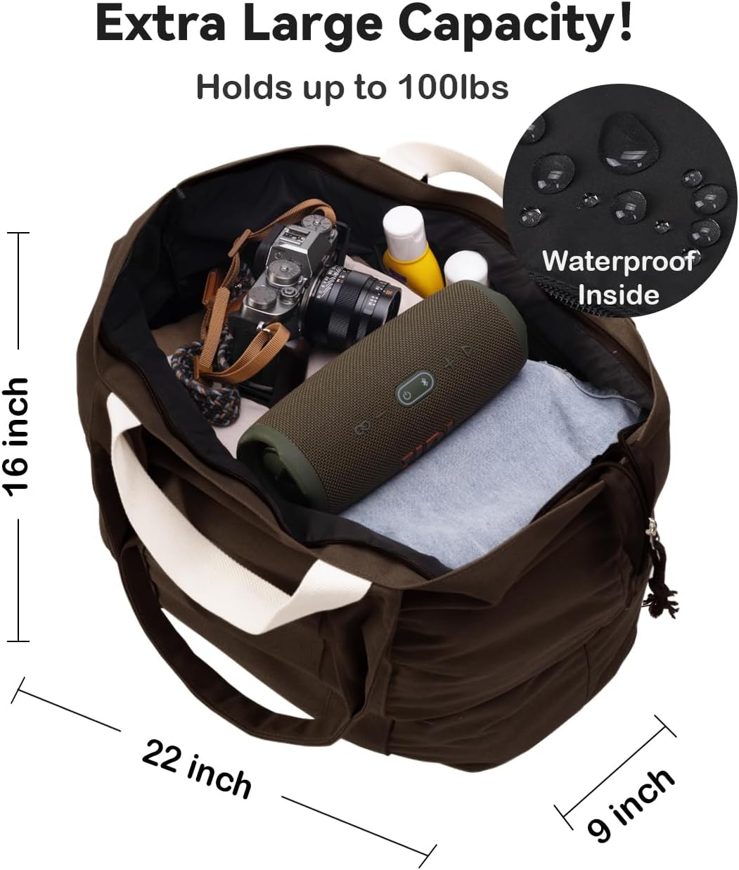 22'' 50L Large Canvas Bag, Extra Large Tote Bag for Women, Overnight Bags for Travel
