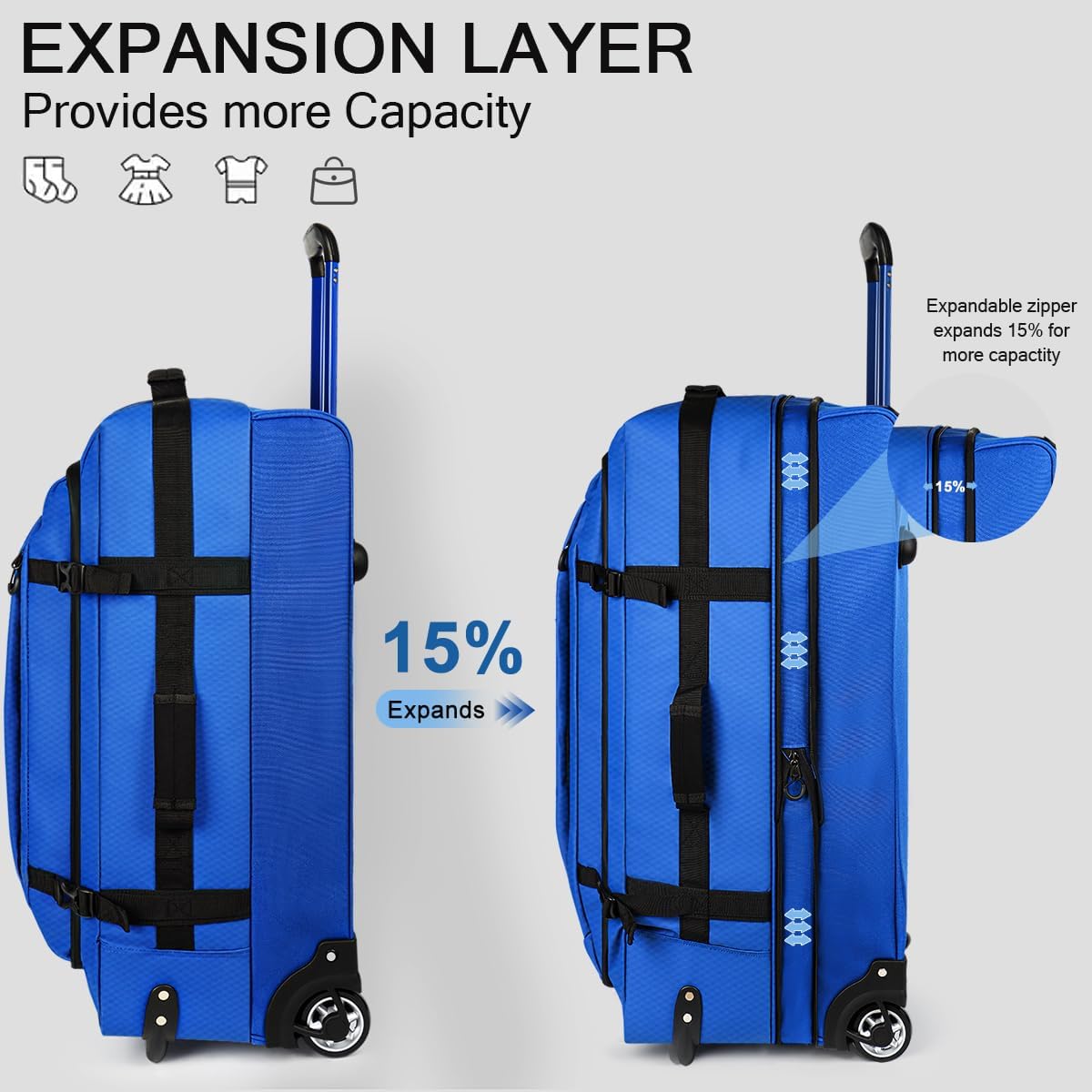 26'' Rolling Duffle Bag with Wheels,Rolling Duffle Bag w/Handle,Carry on Luggage Travel Duffle Bags for Man Women（26,Blue）