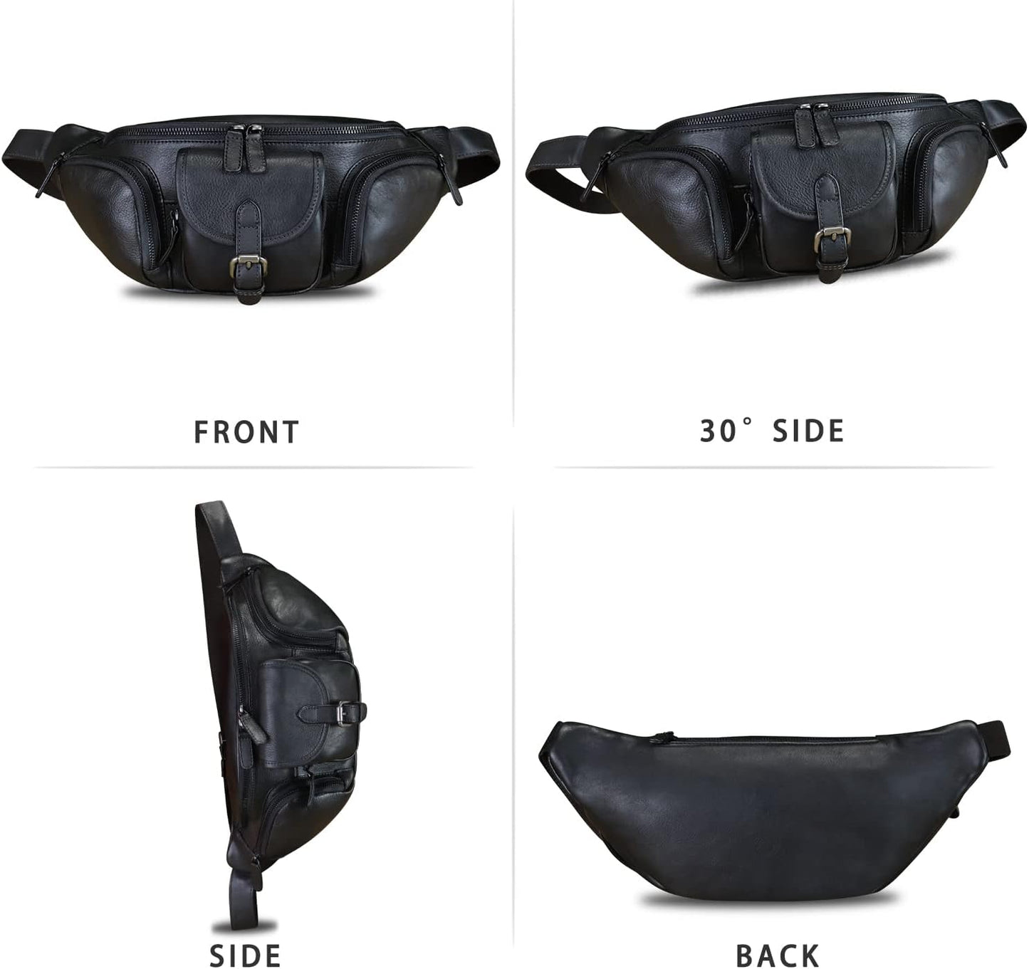 Genuine Leather Fanny Pack for Men and Women Real Leather Sling Bag Crossbody Bag Fashion Waist Bag Chest Purse (Black)
