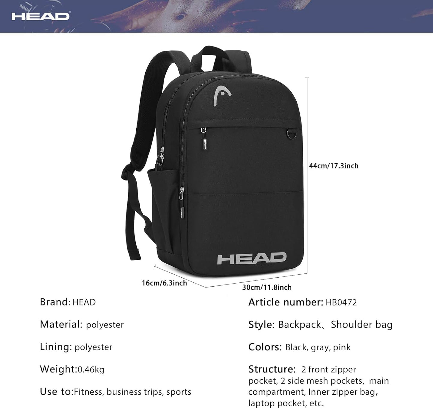 HEAD Waterproof Travel Backpack for Women & Men, Lightweight Laptop Backpack Computer Bags fits 15.6 inch Notebook, Casual Daypack College Backpacks for Weekender Overnight/Sports Gym/Work/Fitness