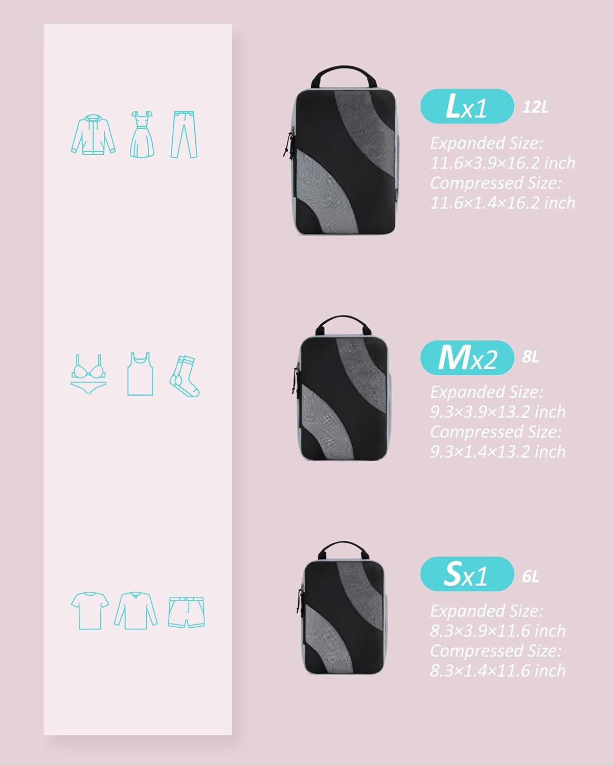 BAGSMART Compression Packing Cubes, 6 Set/4 Set/2 Set Travel Packing Cubes for Carry on Suitcases, Compression Suitcase Organizers Bag Set & Travel Cubes for Luggage, Lightweight Packing Organizers