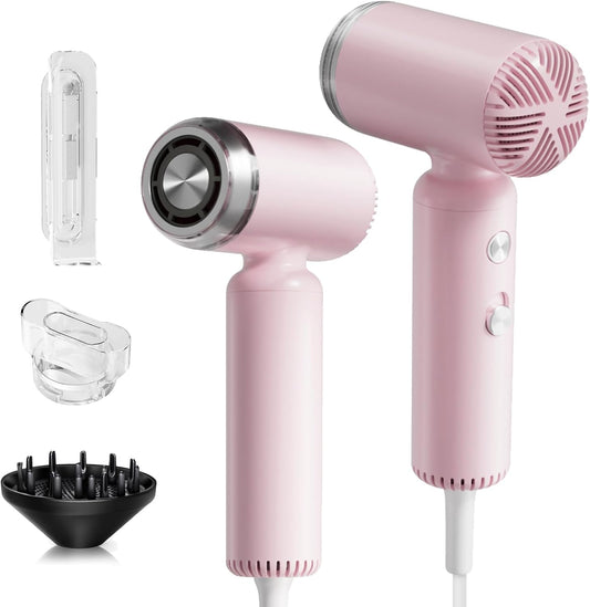 Webeauty Hair Dryer, [Super Mini] Ionic High-Speed Travel Blow Dryer with Diffuser 200 Million Negative Ions, 110,000RPM Brushless Motor for Home Salon Fast Drying Portable Lightweight, Pink