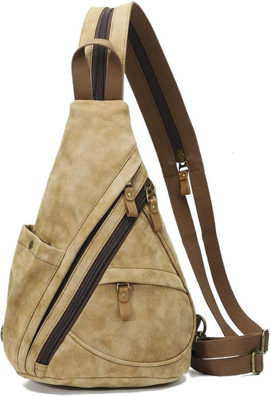 KL928 PU Leather Sling Bag - Small Crossbody Backpack Shoulder Casual Daypack Rucksack for Men Women Outdoor Cycling Hiking Travel (6881-PU-L.Coffee)