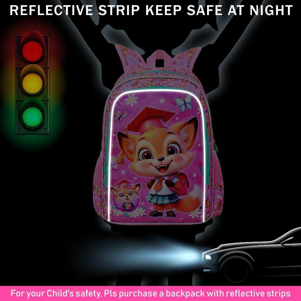 3PCS Girls Fox Backpack, 16" Kids Bookbag with Lunch Box, Water Resistant Elementary Preschool Toddler School Bag - Pink Dr. Fox