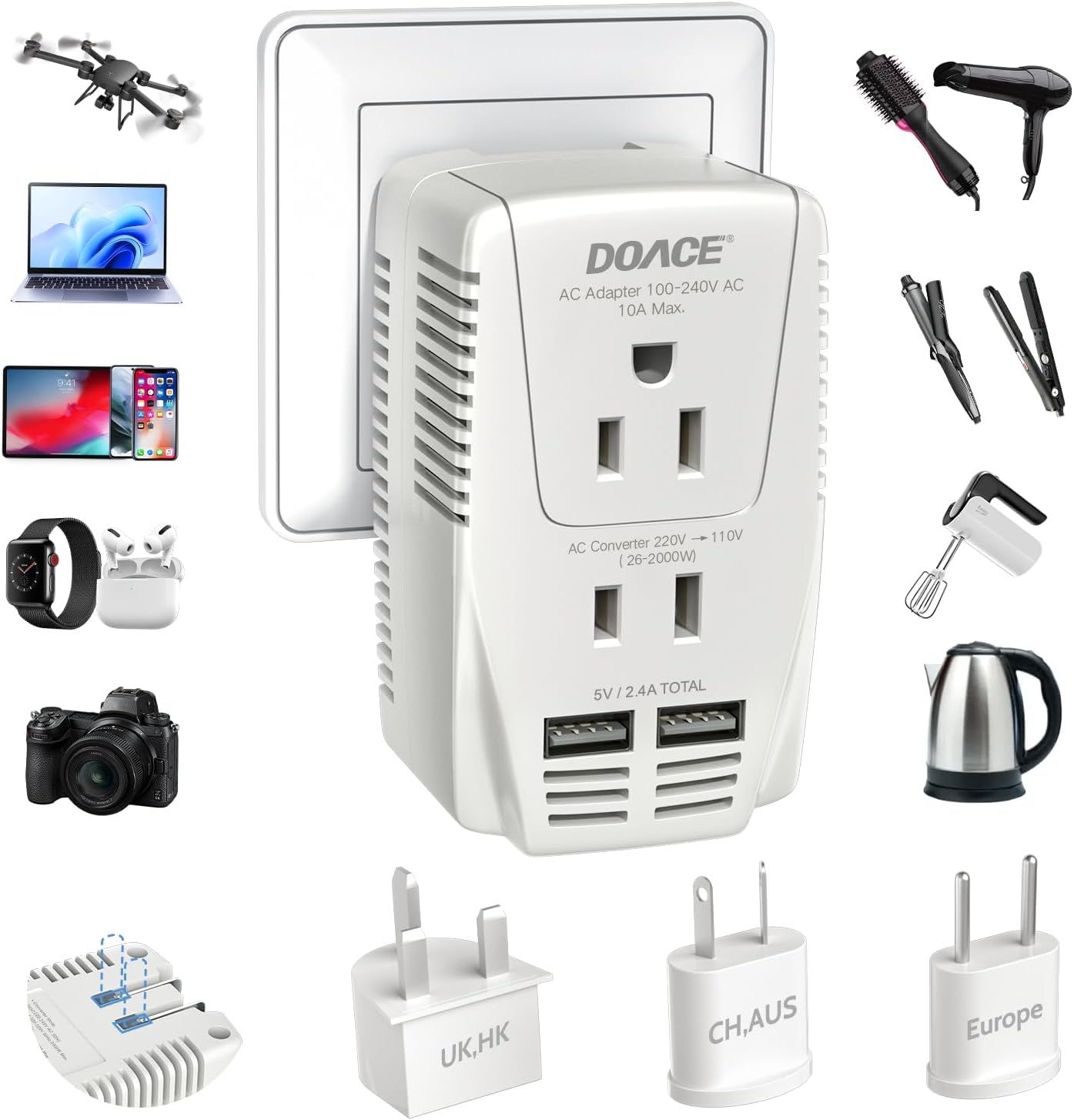 DOACE 2000W Voltage Converter US to Europe - 220V to 110V Converter for European Travel for Hair Dryer Straightener Curling Iron, 2300W Travel Power Adapter for Laptop Tablet Camera Cell Phone