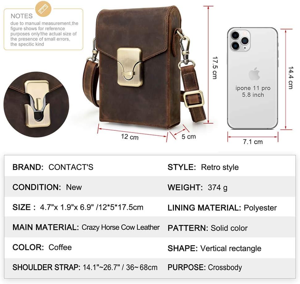 Hiram Genuine Leather Small Crossbody Bag for Men, Men's Crazy Horse Leather Phone Pouch, Small Messenger Bag for Men(Coffee)…