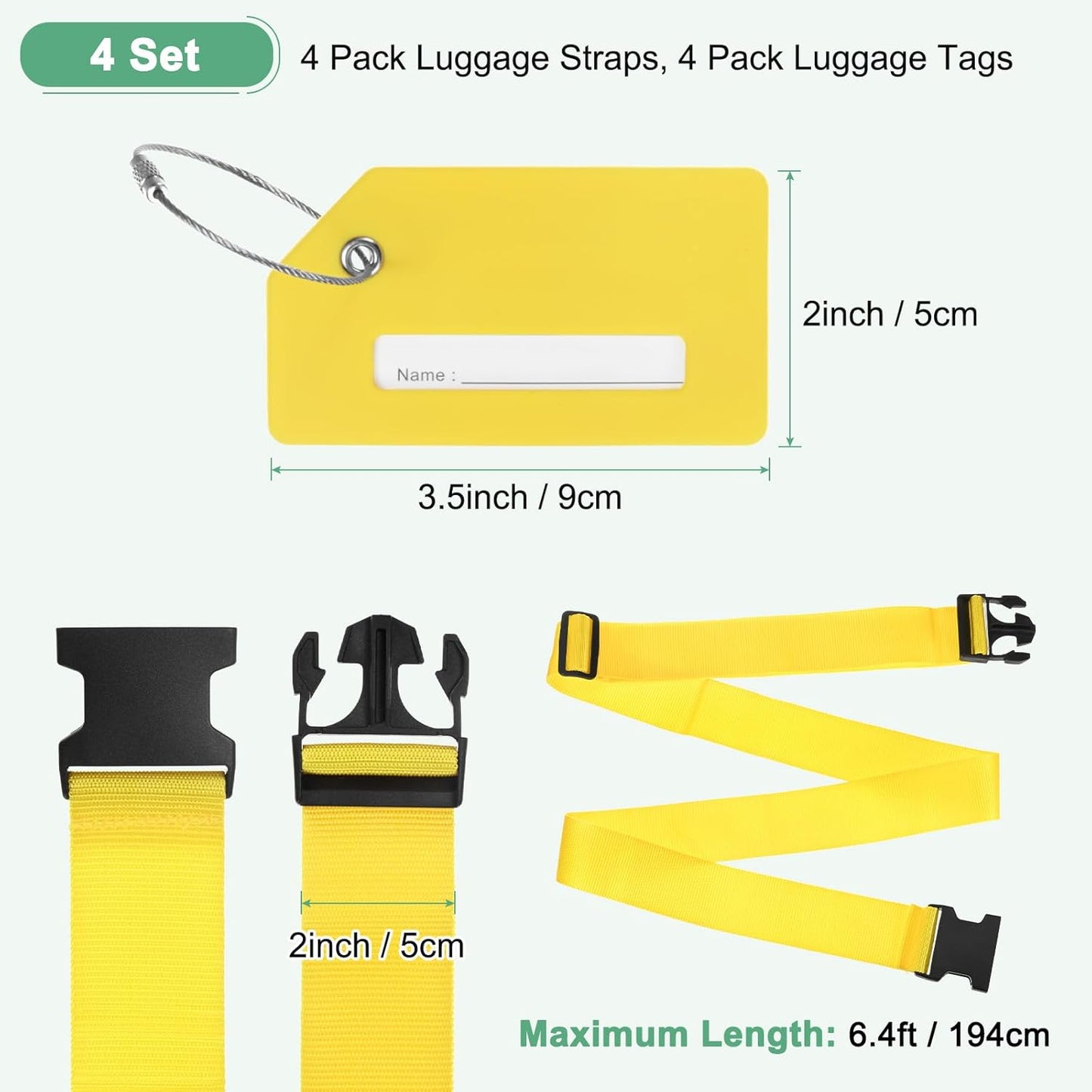 4-Sets Luggage Straps TSA Approved, Travel Straps for Luggage Suitcase Tags Set, Adjustable Suitcase Belt [Yellow]