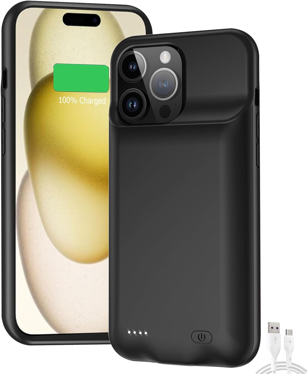 Battery Case for iPhone 15 Pro, Full Encircle 8000mAh Ultra-Slim Rechargeable Portable Charging Cover Extended Battery Pack Compatible with iPhone 15 Pro (6.1 inch) Charger Case Support Carplay-Black