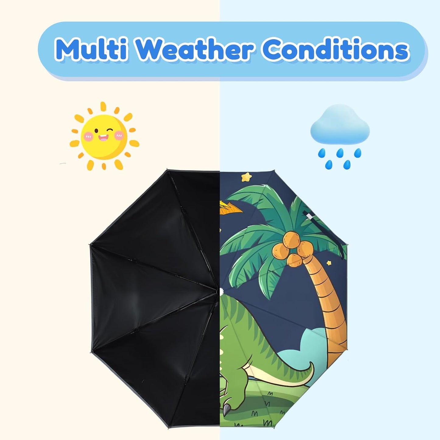 Autoamtic Kids Umbrella UV Resistant, Folding Compact Umbrella 360° Reflective Strip for Travel Outdoor, Lightweight Cute Kids Parasol Anti-rebound Safe for Toddler