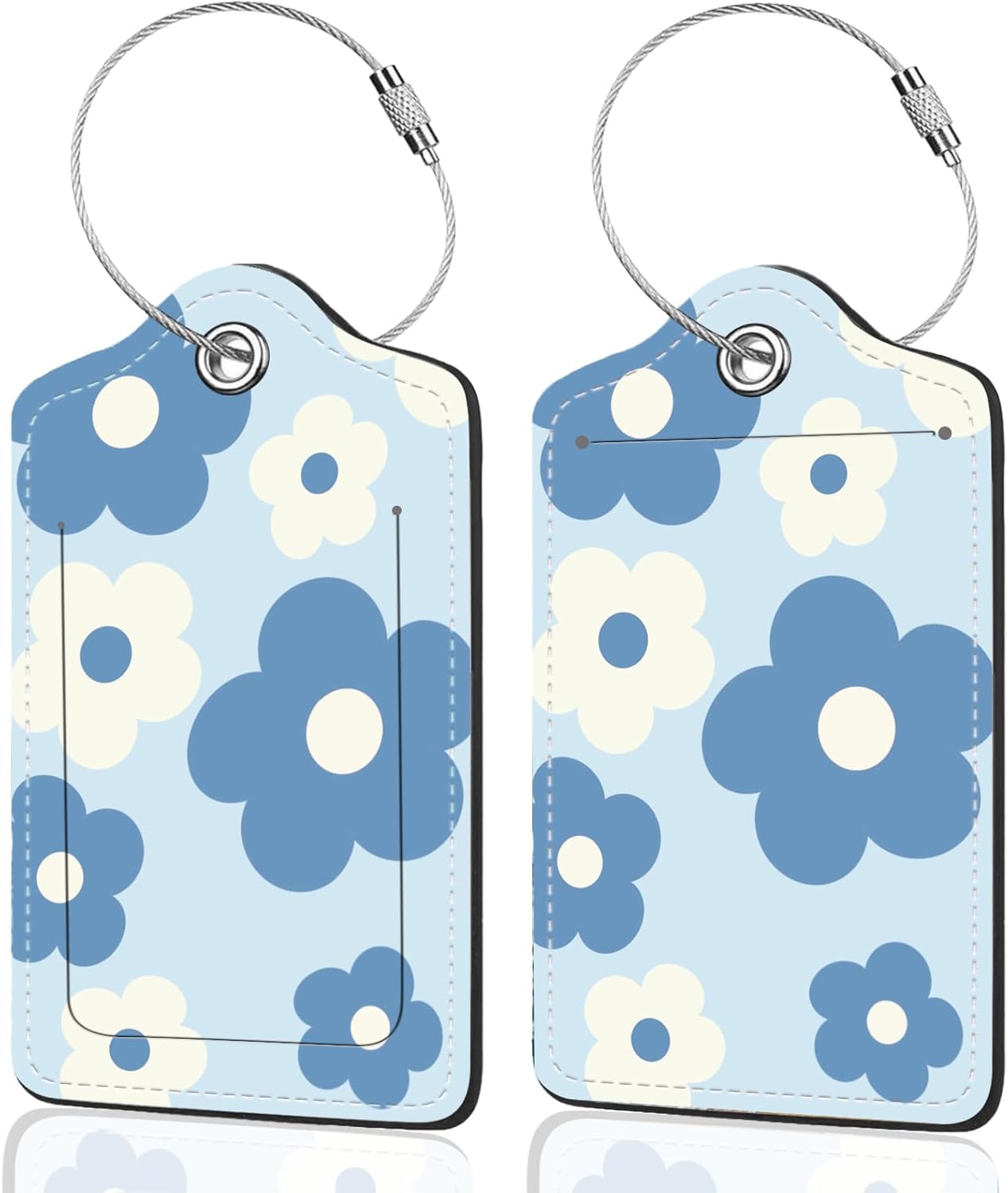 2Pack Luggage Tags for Suitcases, Cute Unique Pu Leather Cruise Luggage Tag with Privacy Cover ID Label Address Card and Metal Ring Suitable for Women Men Kids Travel Bag Blue and White Flowers