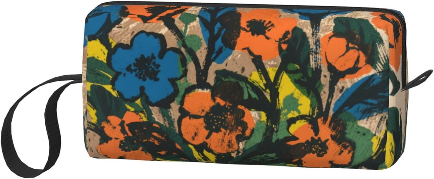 Bold Hues Floral Art Makeup Bag Small Compact & Durable Travel Cosmetic Bag Organizer Oxford Fabric Impact-Resistant Multi-Purpose Storage Perfect for Travel, Gym, Daily Use