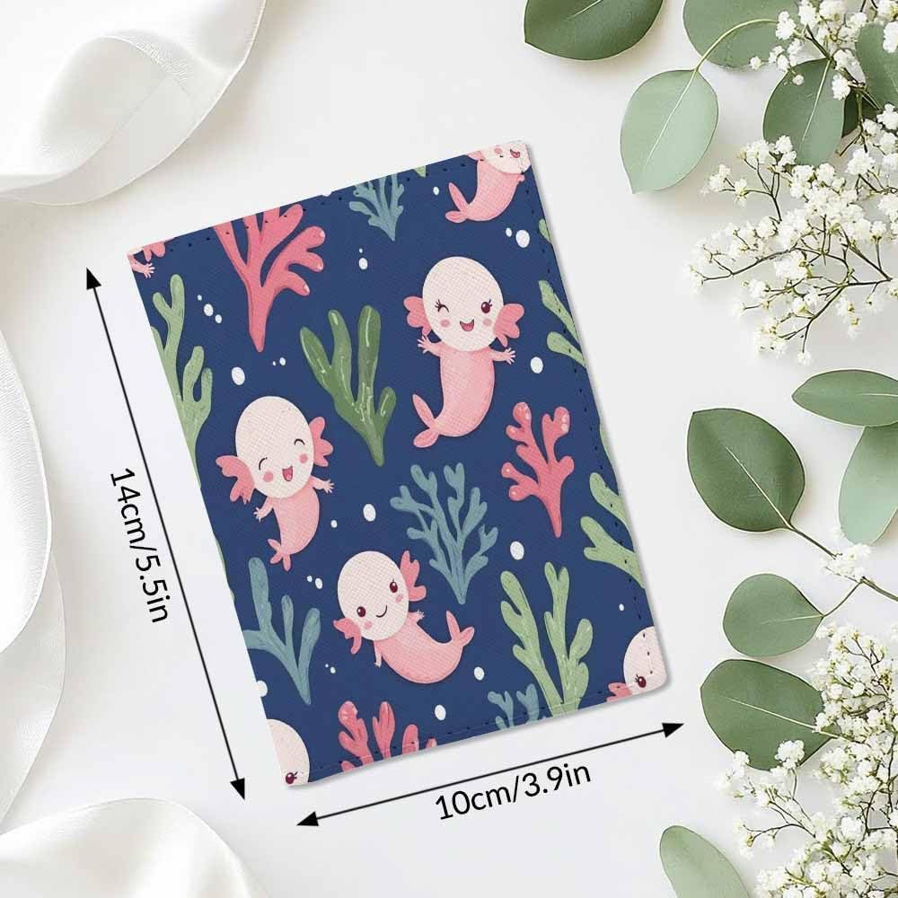 Axolotl Passport Holder for Travel Corals and Sea Weed Kawaii PU Leather Passport Cover Wallet Cute Passport Card Holder for Women and Men