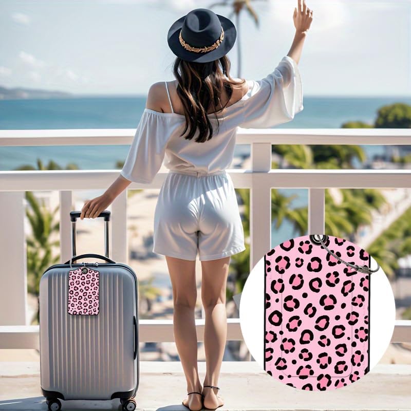 2 Pack Leopard Leather Luggage Tags for Suitcases, Travel Bag Tags with Privacy Cover ID Label with Stainless Steel Loop for Women Men Girls Backpack Gift (Pink Bronze)