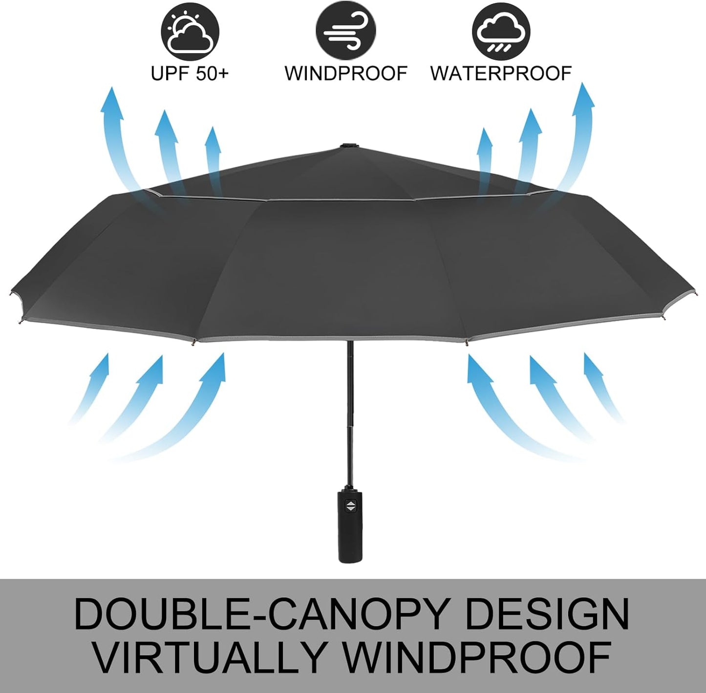 Satol Extra Large Golf Umbrella, 46/54/62 Inch Windproof 10 Ribs Vented Double Canopy Reflective Strips Automatic Open/Close Waterproof UV Protection Portable Compact Umbrella for Outdoor & Travel