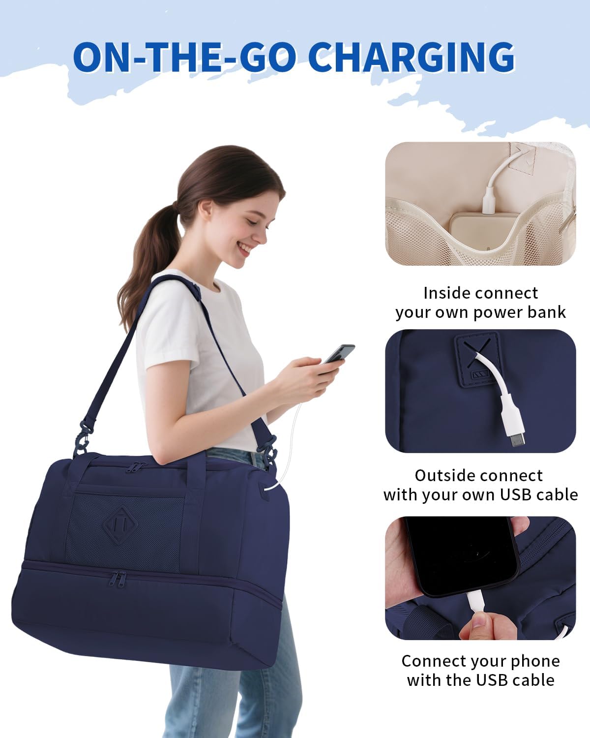 WANDF Travel Duffel Bag with Wet Pocket & Shoe Compartment, 18x14x8 Personal Item Bag with USB Charging Port, Water-Resistant Gym Weekender Overnight Carry-on for Women Men (Blue)