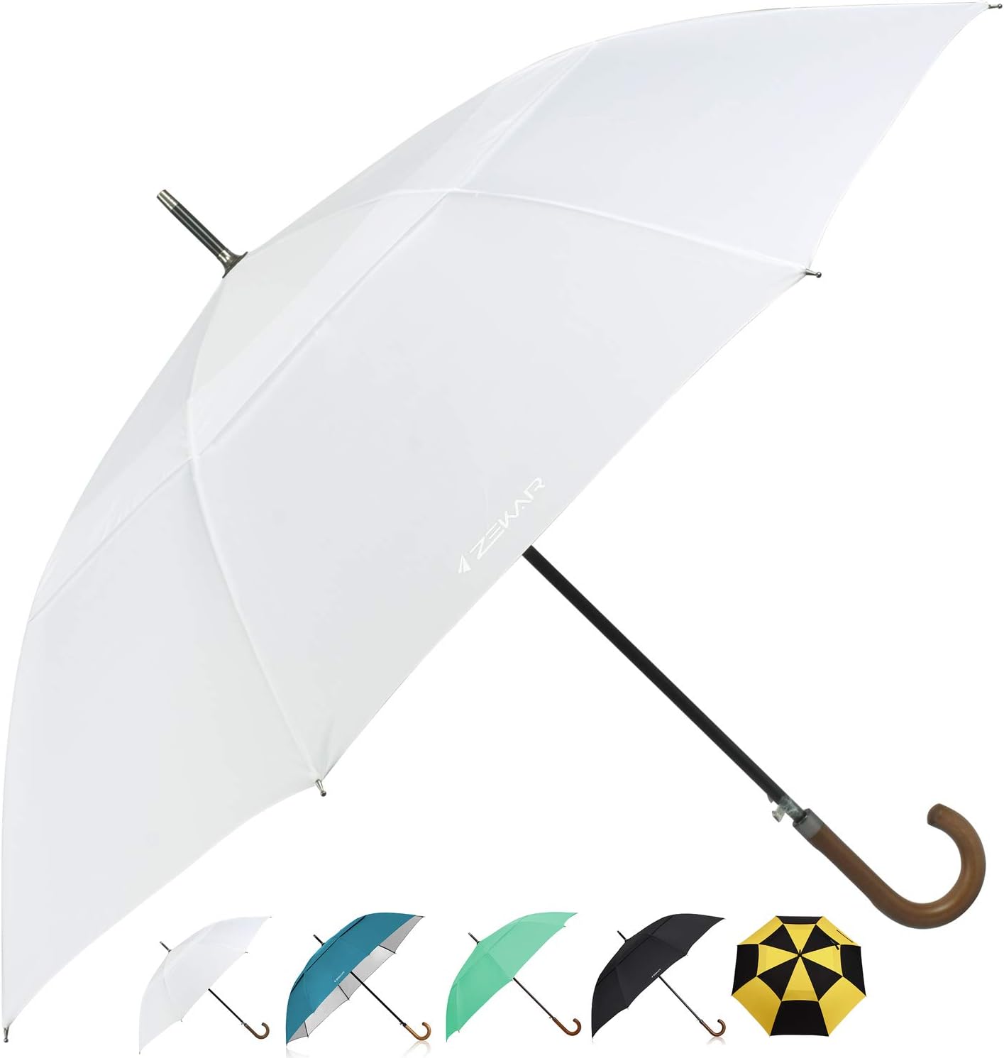 ZEKAR Wooden J Handle Umbrella, 54 inch, Large Windproof, Wedding Umbrella (white, 54”)