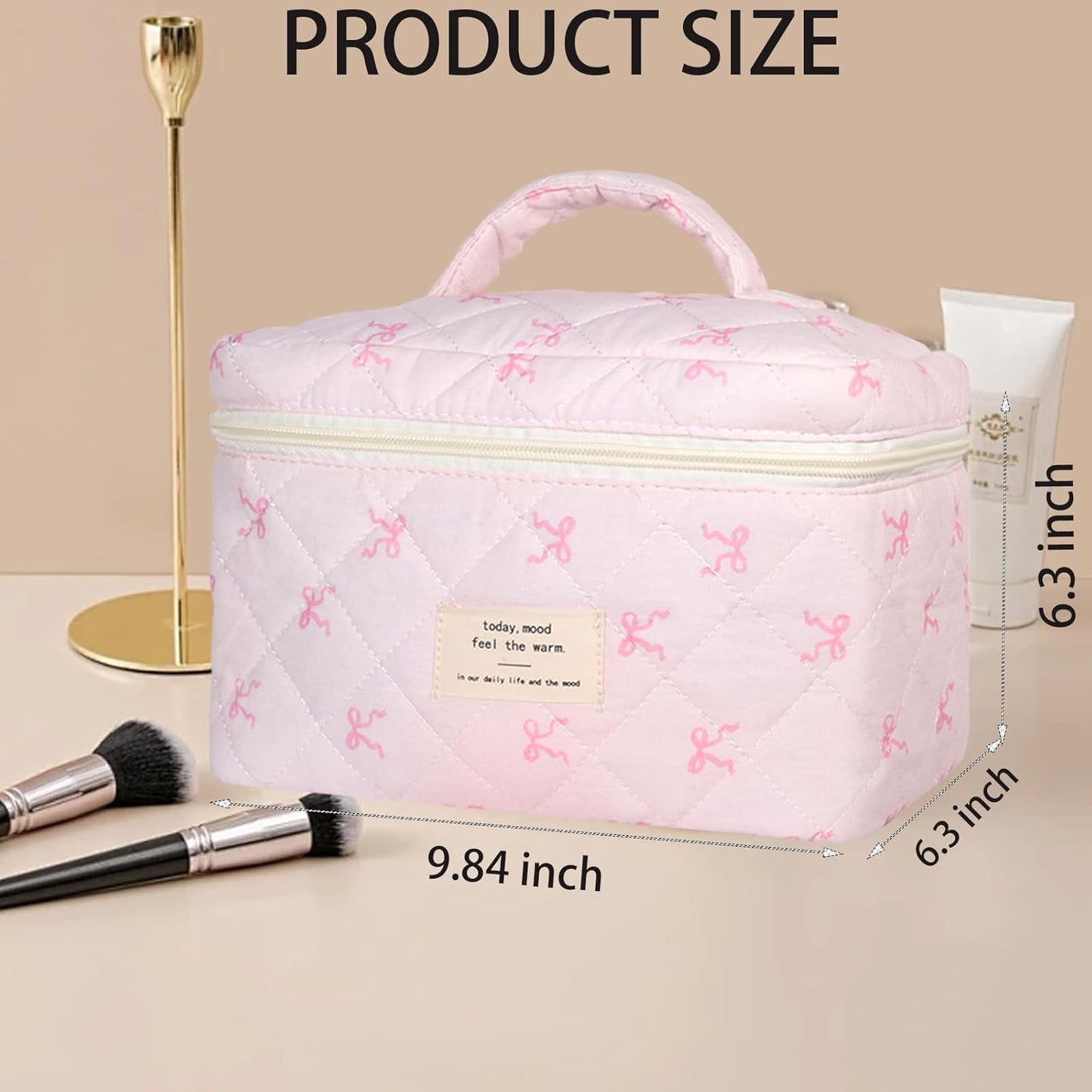 Quilted Makeup Bag, Large Makeup Bag, Cute Cosmetic Bag for Women Girls, Floral Coquette Aesthetic Travel Toiletry Make Up Organizer Bag-Light Pink