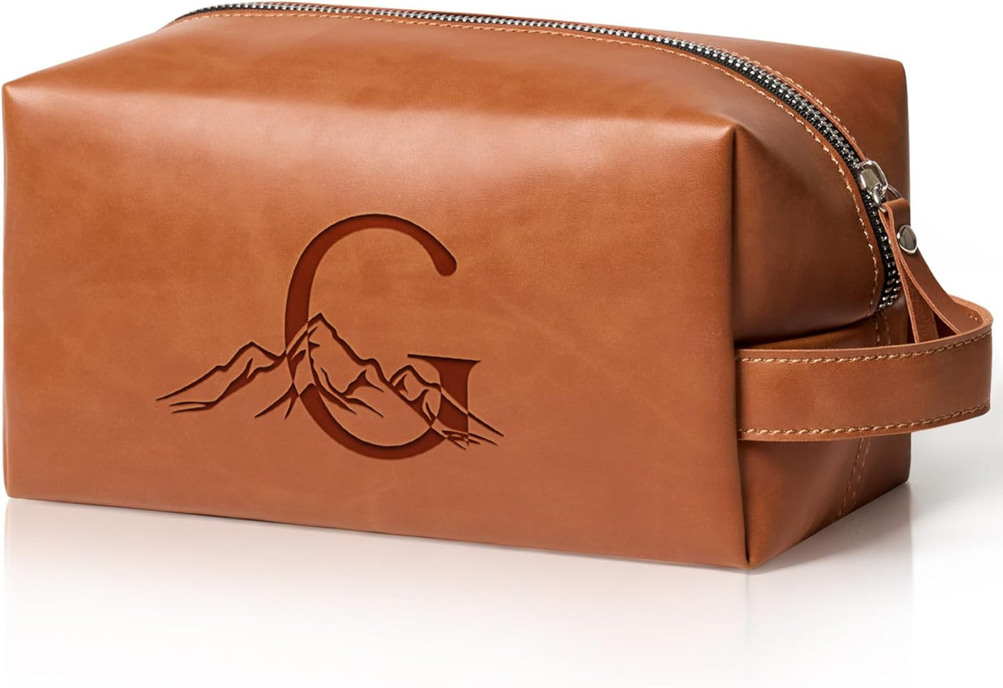 Personalized Gifts Travel Toiletry Bag for Men Engraved Initial PU Leather Waterproof Shaving Bag for Toiletries Accessories Fathers Day Birthday Gift for Men Dad Husband Son, Light Brown G