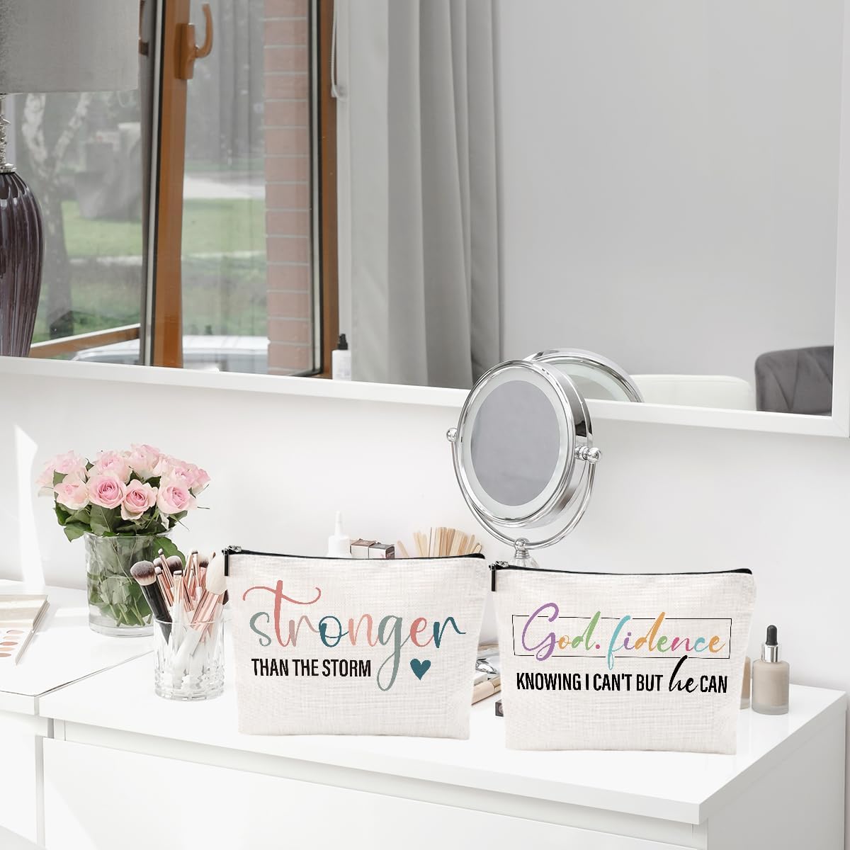 2pcs Bible Verse Makeup Bag, Christian Quotes Inspirational Cosmetic Bag Religious Sayings Christmas Birthday Bible Gifts for Women Friend Girls