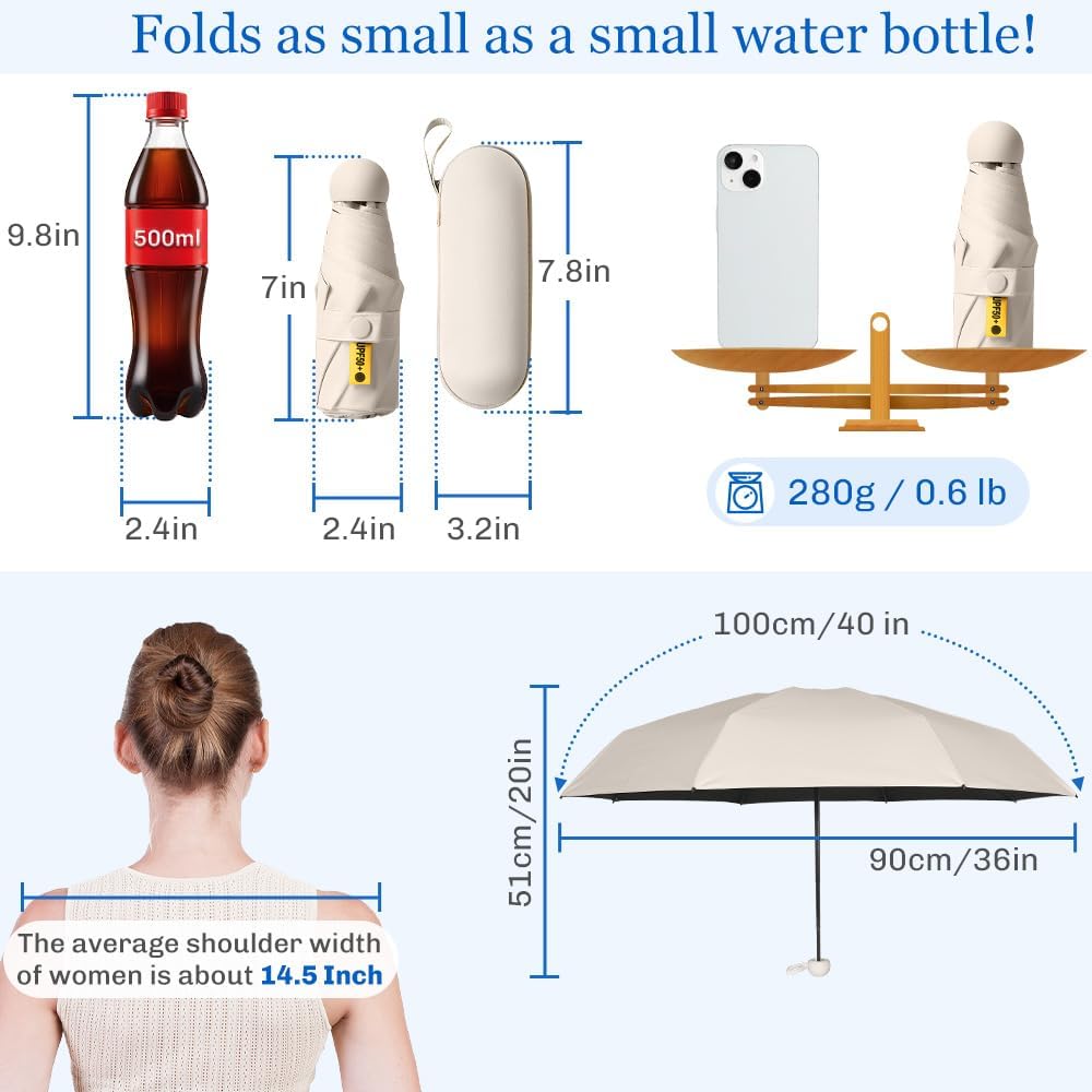 TOPSAIL Mini Umbrella Compact for Travel, UV Sun Protection(UPF50+), Waterproof for Light Rain
