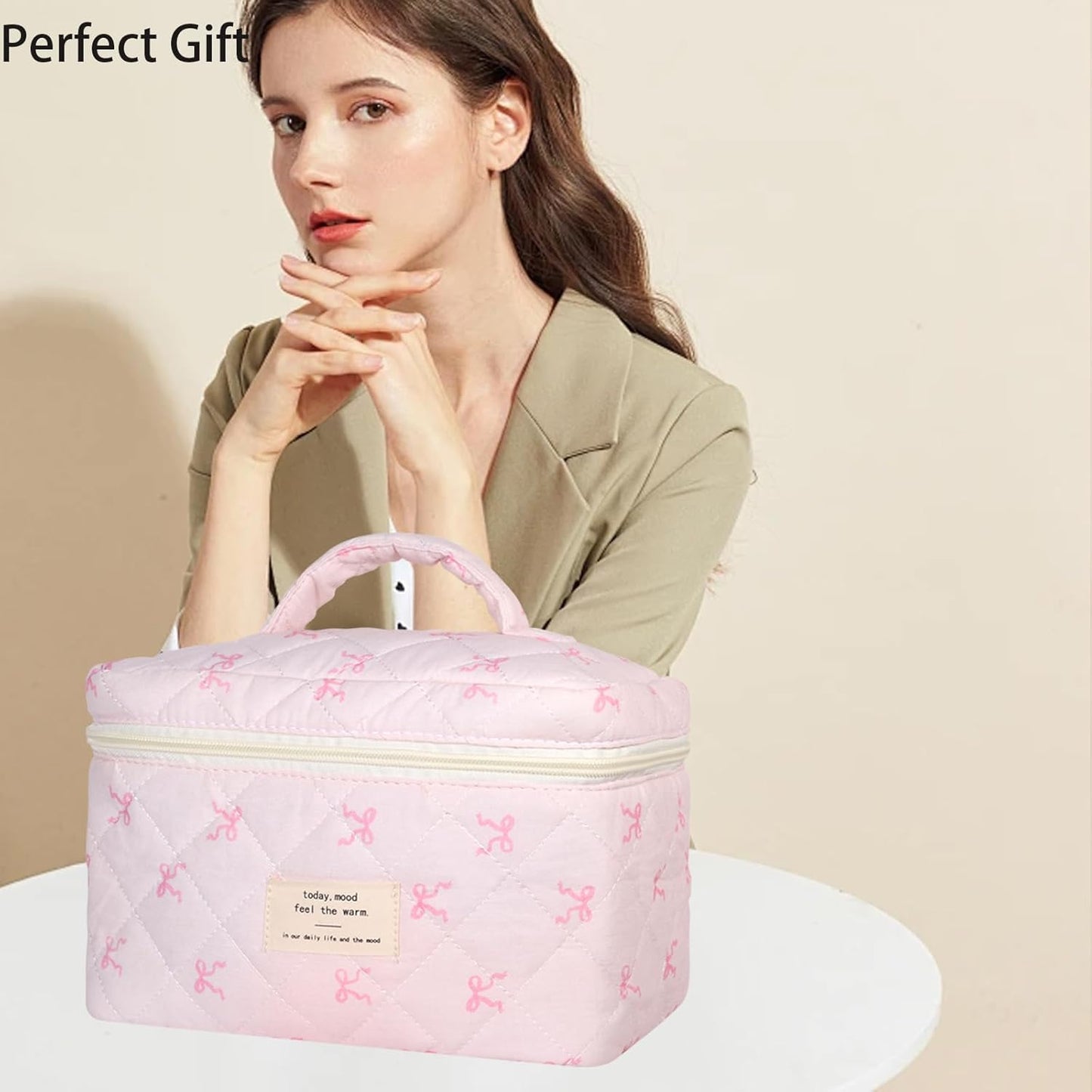 Quilted Makeup Bag, Large Makeup Bag, Cute Cosmetic Bag for Women Girls, Floral Coquette Aesthetic Travel Toiletry Make Up Organizer Bag-Light Pink