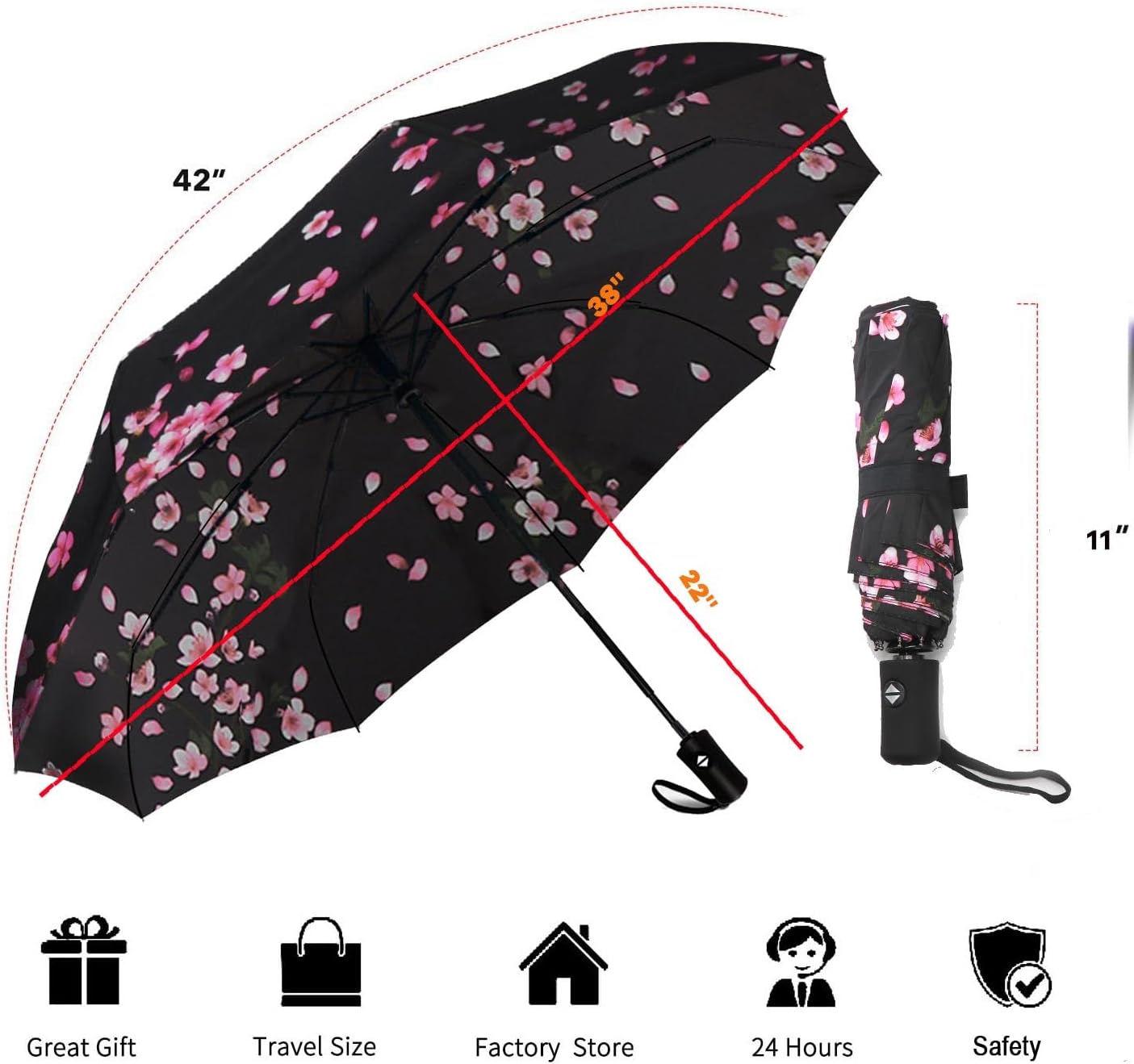 SIEPASA Sakura Windproof Travel Compact Umbrella - Automatic Umbrellas for Rain, Fiberglass Frame, Plastic Handle, Half Round Shape, Portable, Small, Lightweight, Ideal for Men and Women
