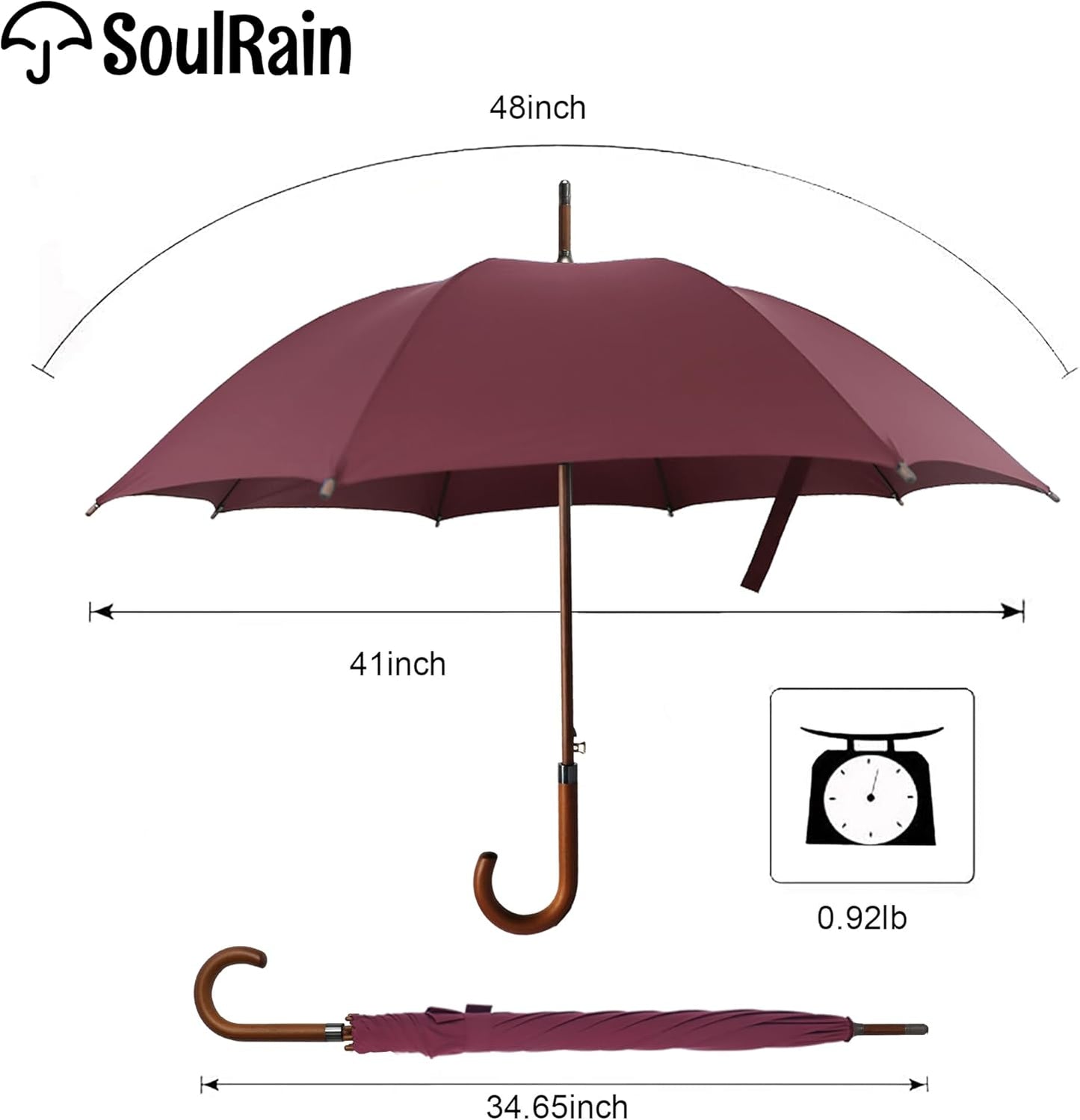 SoulRain 48" Large Umbrella – Windproof Stick Umbrella for Rain, Automatic Open for 2 Persons, Classic Wooden Handle, Durable Travel & Red Umbrella for Men & Women (Wine)