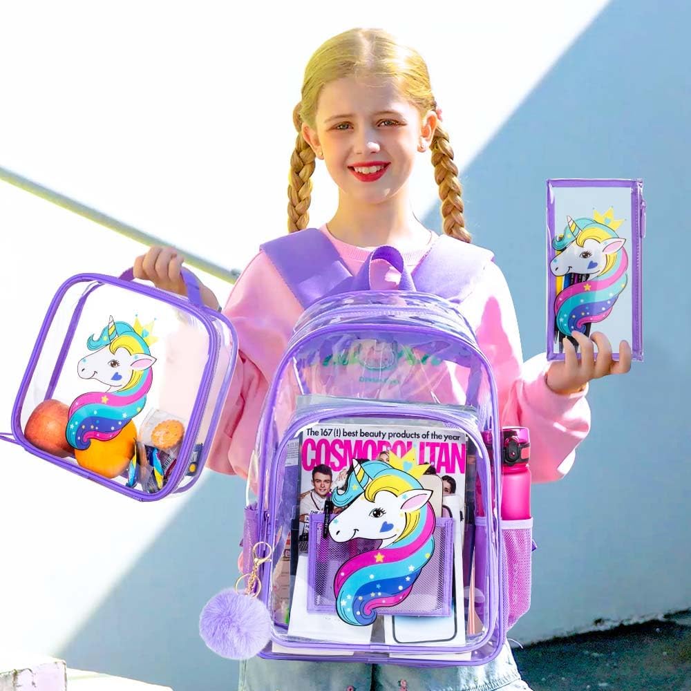 Clear Backpack for Girls and Boys, Kids Transparent Bookbag, 3PCS Cute See Through School Bag for Elementary Prechool