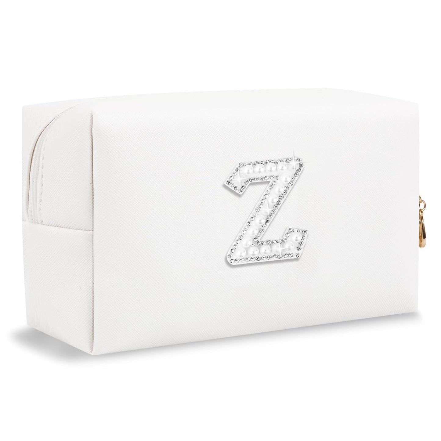 Bride Gifts – Personalized Initial Makeup Bag with Pearl Rhinestone Patch, Preppy White Monogram