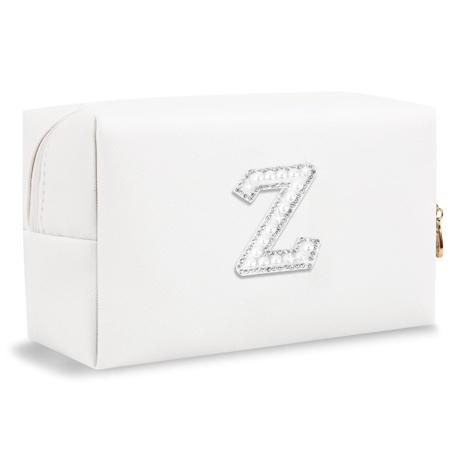 Bride Gifts – Personalized Initial Makeup Bag with Pearl Rhinestone Patch, Preppy White Monogram