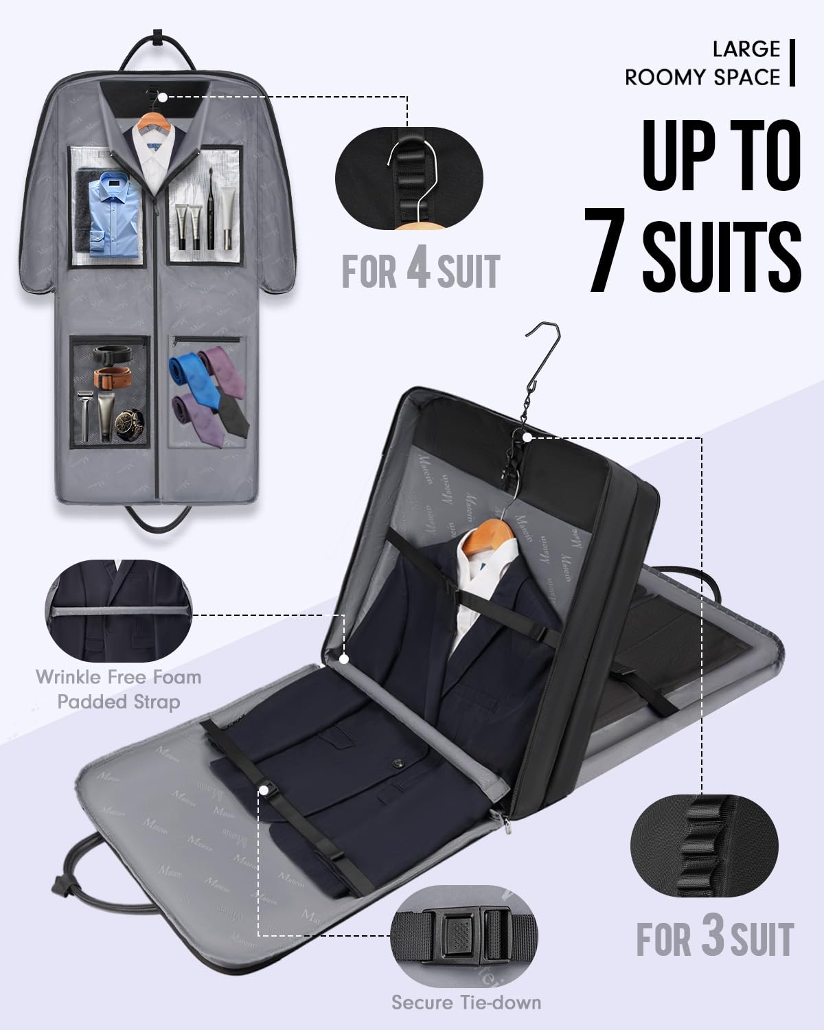 MATEIN Mens Garment Bags for Travel, Large Travel Suit Bag Up to 7 Suits