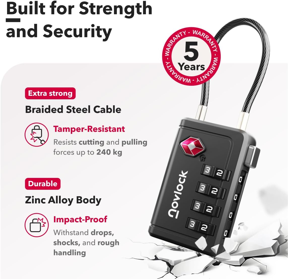 TSA Approved Luggage Locks | Inspection Indicator, 4-Digit Combination, Durable Zinc Alloy | for Suitcases, Backpacks, Travel Bags | Black, 10-Pack
