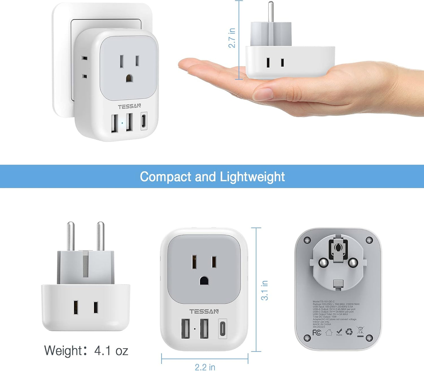 TESSAN Type E F Plug Adapter, Germany France Power Adapter with 3 USB Ports(1 USB C), 4 AC Outlets Travel Adaptor for US to Europe EU Spain Iceland Korea Greece Russia German French