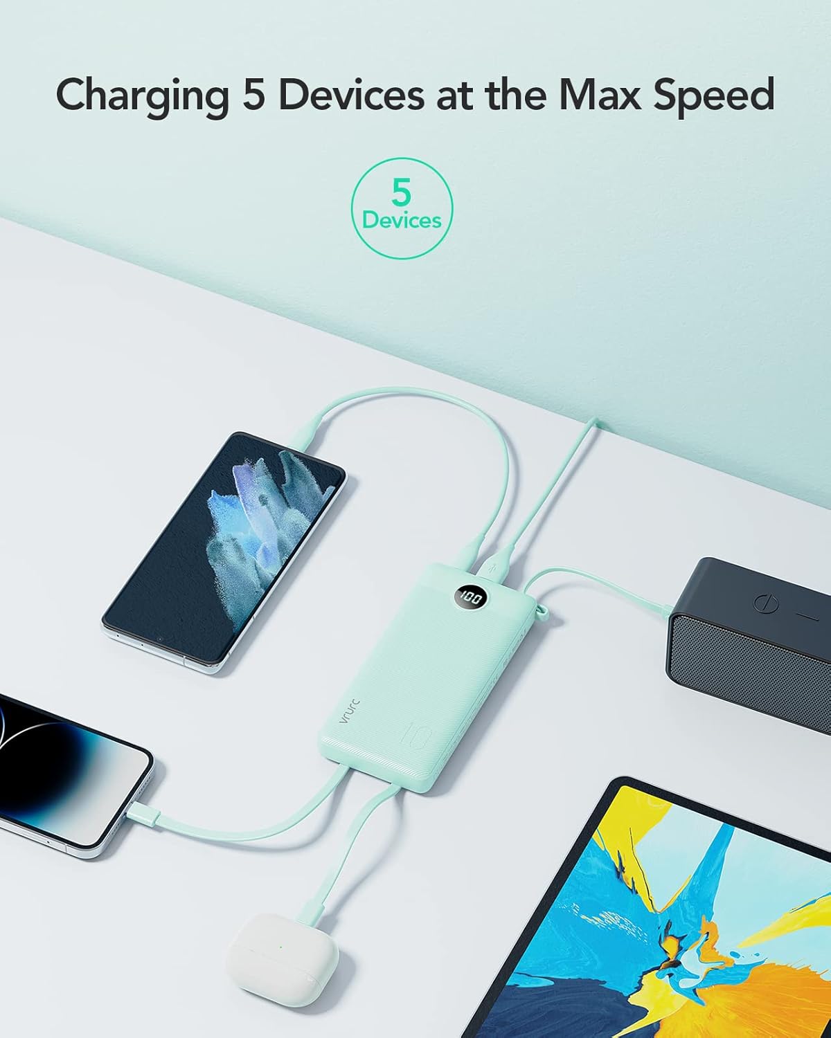 VRURC Portable Phone Charger, Portable Charger USB C 10000mAh, 5 Outputs 2 Inputs Travel Battery Power Bank Built-in Cables Cords for iPhone 17 Pro 17 16 15 14 13,Samsung,Android-Green(1 Pack)
