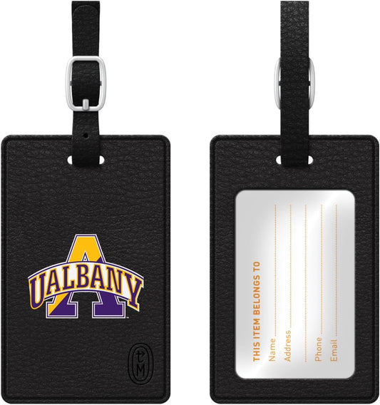 OTM Essentials University at Albany Faux Leather Luggage Tag, Durable Travel Accessories with Adjustable Strap and ID Card, Classic