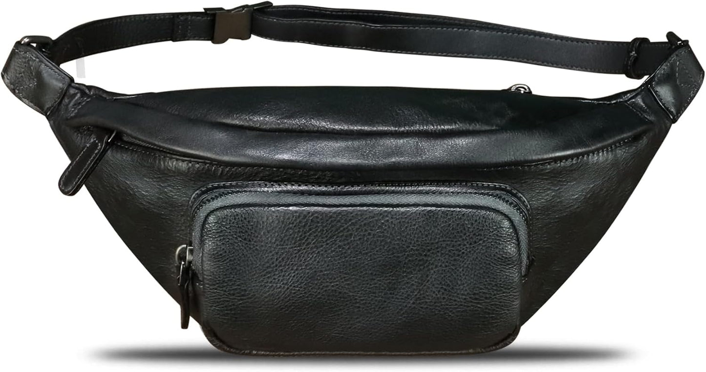 Genuine Leather Fanny Pack for Women and Men Real Leather Crossbody Sling Bag Fashion Waist Bag Chest Purse Pouch (Black)