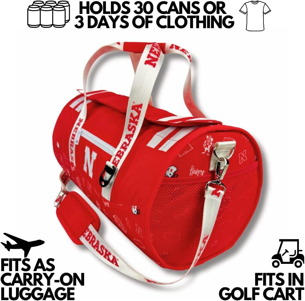 Varsity Cooler University of Nebarska Licensed Travel Duffle & Cooler – 30 Can Leakproof Insulated backpack, Waterproof Soft Cooler, Golf, Carry-On Luggage, Gym & Outdoor – Durable Nylon Sports Bag