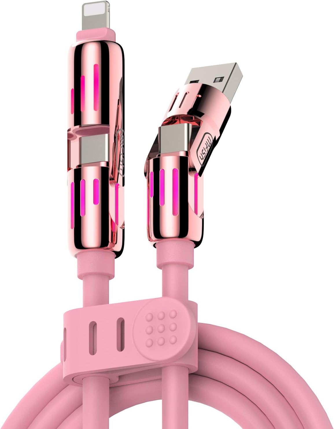 MFish 4-in-1 Universal USB Charging Cable with Carrying Case – 240W Max Fast Charger Cord, USB-A, Dual USB-C & Lighting, for iPhone 14/15/16/17 Series, iPad & MacBook and More (Pink, 6.6Ft)